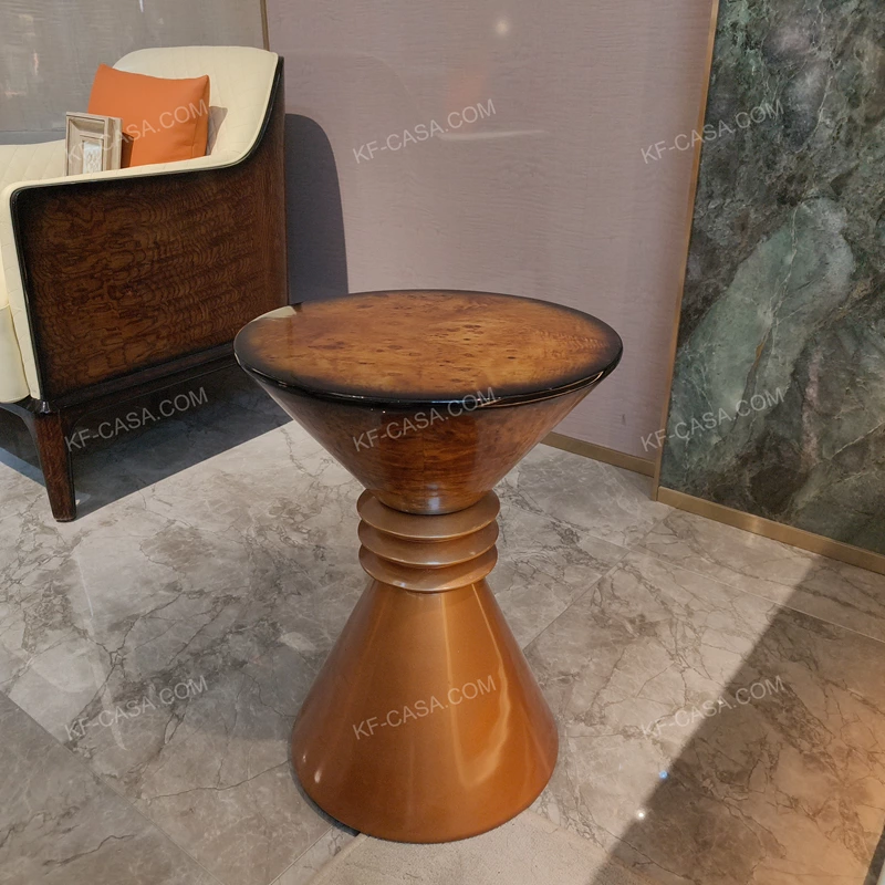 Amber Burl Wood Round Side Table with Tapered Pedestal Base